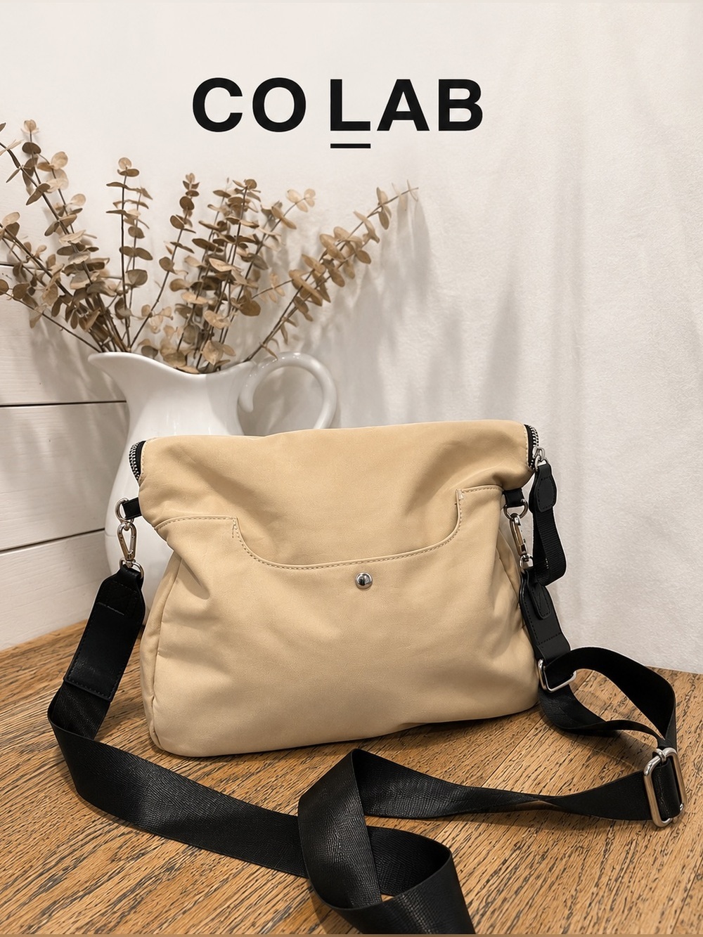COLAB Beige Foldover Nylon Crossbody Bag